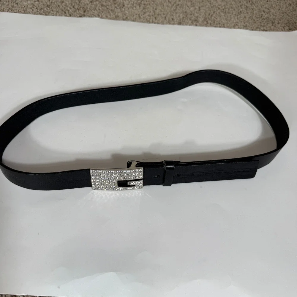 Guess Women's Black Genuine Leather Belt‎ Rhinestone G Logo Buckle Extra Large